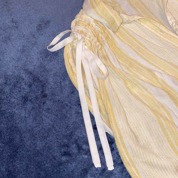 Free People Yellow and White Striped Cinched Shoulder Collared Button Down Top - Picture 3 of 9